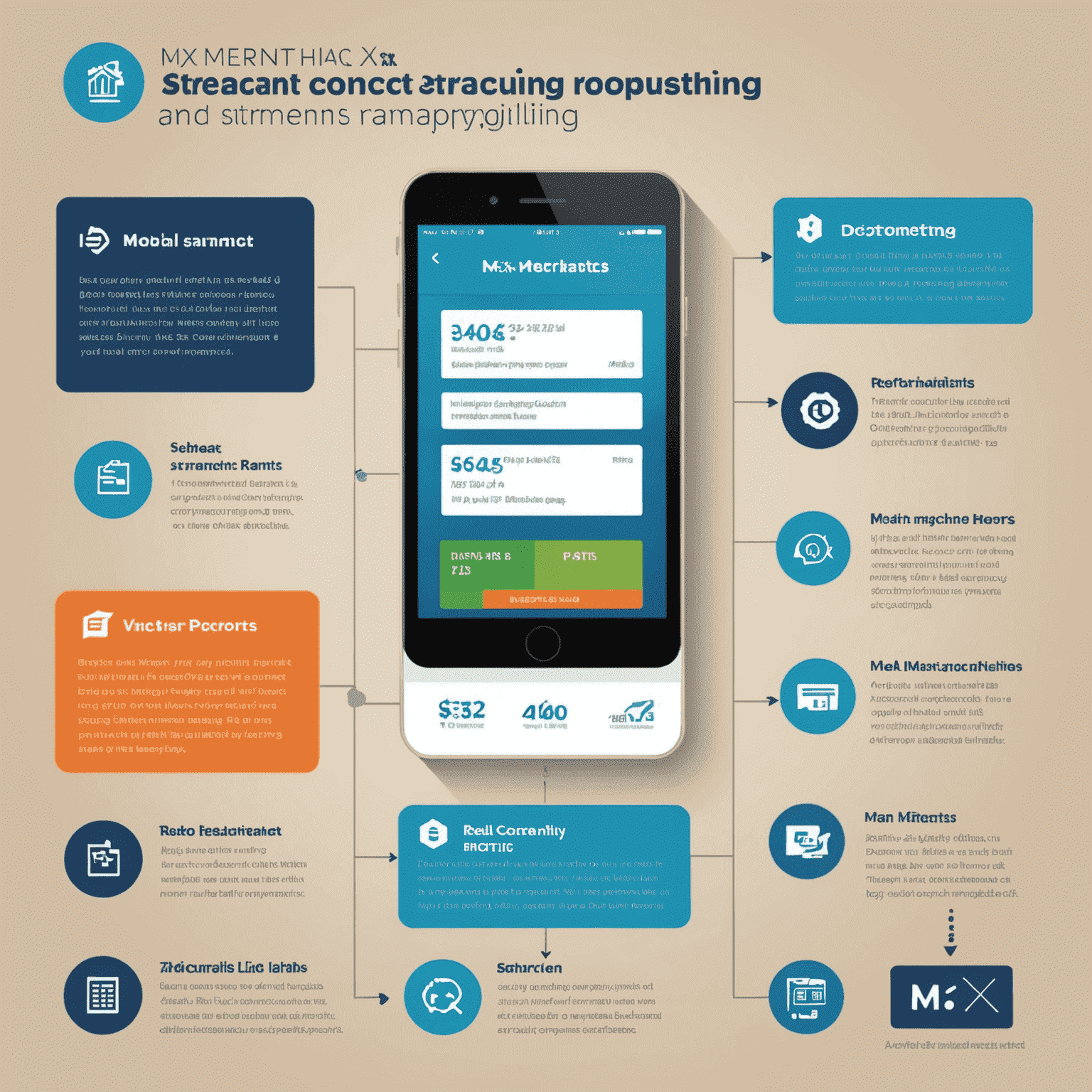 Infographic showing 5 ways MX Merchant streamlines payment processing, including mobile payments, recurring billing, and real-time reporting