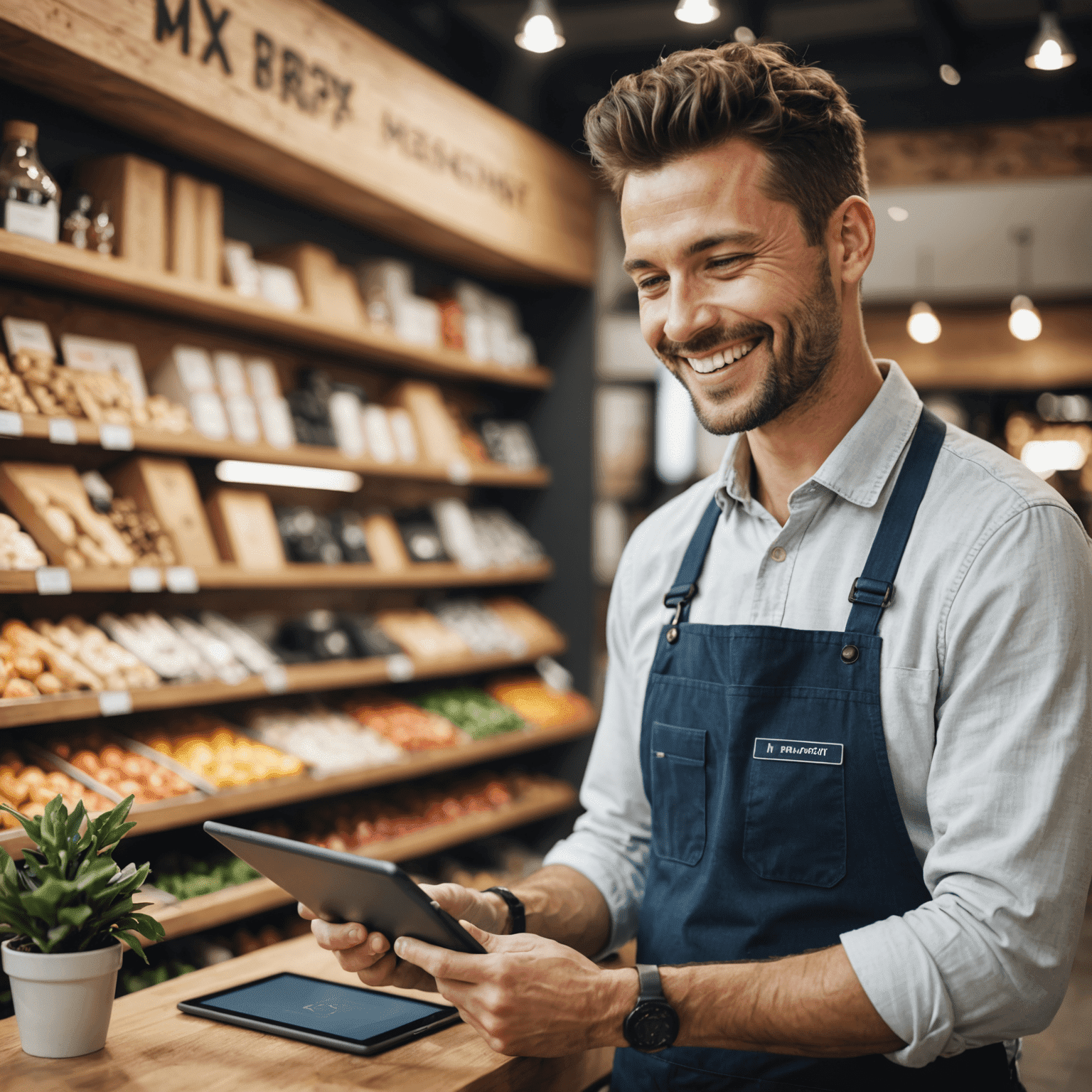 A small business owner smiling while using MX Merchant on a tablet, with a busy shop in the background