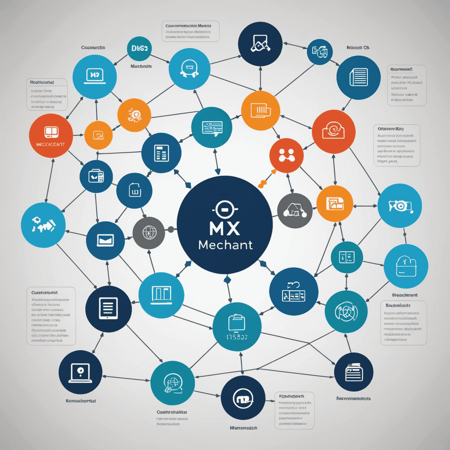 Diagram showing MX Merchant integrated with various business tools such as POS, CRM, and accounting software. The image illustrates data flow between systems with MX Merchant at the center.