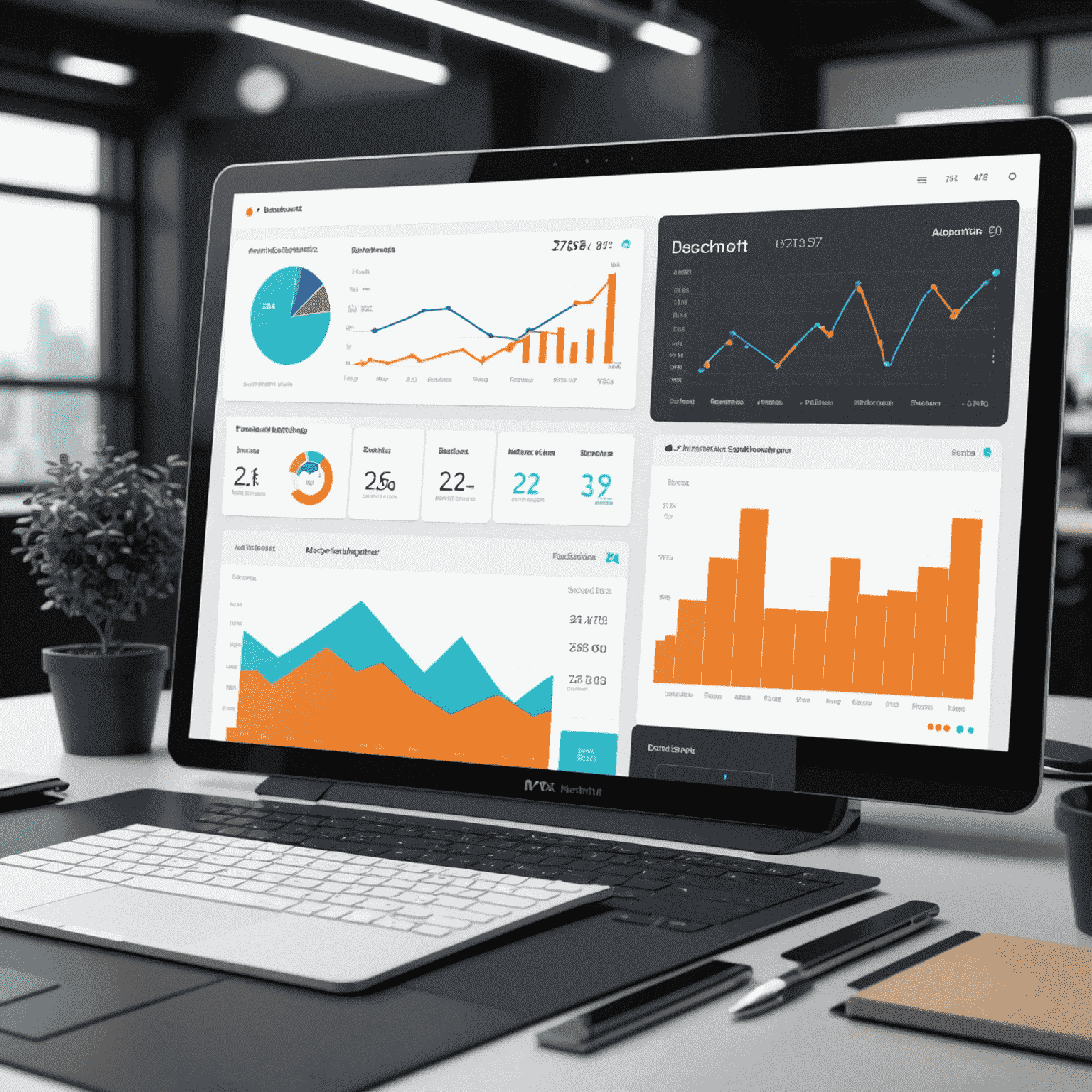 A futuristic dashboard showing MX Merchant's scalable solutions with graphs of business growth and adaptable features